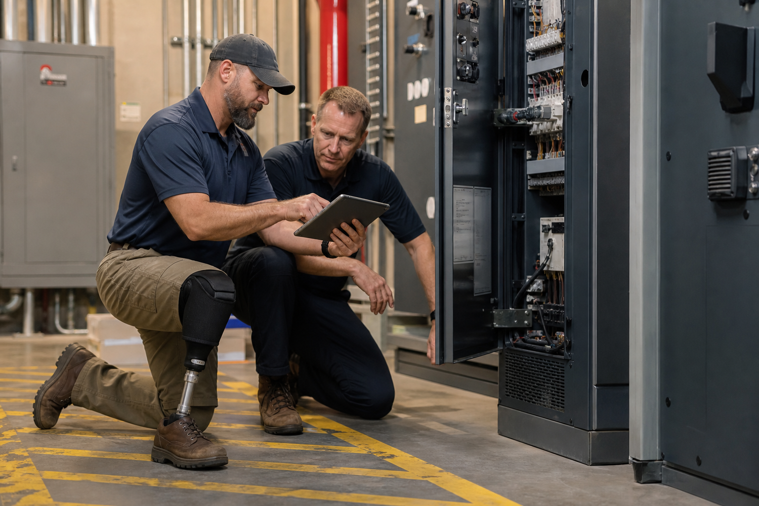 Editorial image representing a disabled veteran working as a civilian critical-facilities technician.
